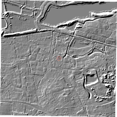 Shaded relief map of the ground around GU467RB, computed from Environment Agency LiDAR. The ground here sits at about 57 m above sea level and falls 12 m across the surrounding 800 m. Surface water reaching this point runs off ground lying to the south-east, 6.3 m higher.