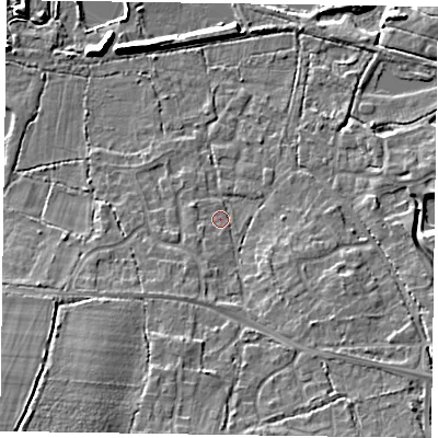 Shaded relief map of the ground around GU467RF, computed from Environment Agency LiDAR. The ground here sits at about 57 m above sea level and falls 13 m across the surrounding 800 m. Surface water reaching this point runs off ground lying to the south, 6.2 m higher.