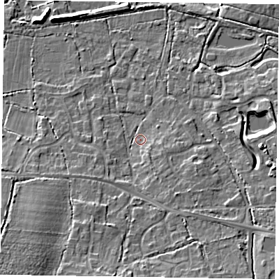 Shaded relief map of the ground around GU467RG, computed from Environment Agency LiDAR. The ground here sits at about 57 m above sea level and falls 13 m across the surrounding 800 m. Surface water reaching this point runs off ground lying to the south-south-east, 3.3 m higher.
