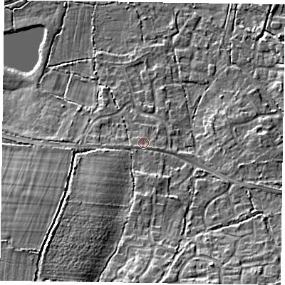 Shaded relief map of the ground around GU467RH, computed from Environment Agency LiDAR. The ground here sits at about 59 m above sea level and falls 13 m across the surrounding 800 m. Surface water reaching this point runs off ground lying to the south-west, 8.7 m higher.