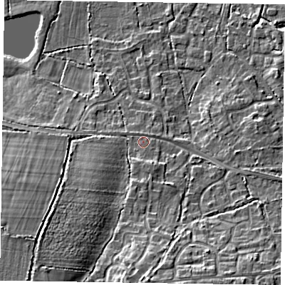 Shaded relief map of the ground around GU467RJ, computed from Environment Agency LiDAR. The ground here sits at about 59 m above sea level and falls 14 m across the surrounding 800 m. Surface water reaching this point runs off ground lying to the south-west, 8.9 m higher.