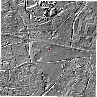 Shaded relief map of the ground around GU467RP, computed from Environment Agency LiDAR. The ground here sits at about 63 m above sea level and falls 16 m across the surrounding 800 m. Surface water reaching this point runs off ground lying to the south, 1.4 m higher.