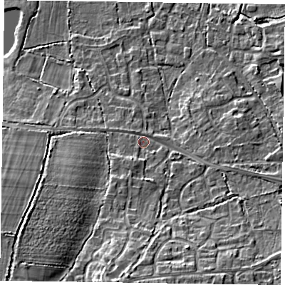 Shaded relief map of the ground around GU467RQ, computed from Environment Agency LiDAR. The ground here sits at about 59 m above sea level and falls 14 m across the surrounding 800 m. Surface water reaching this point runs off ground lying to the south, 9.4 m higher.