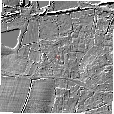 Shaded relief map of the ground around GU467RR, computed from Environment Agency LiDAR. The ground here sits at about 57 m above sea level and falls 13 m across the surrounding 800 m. Surface water reaching this point runs off ground lying to the south-west, 9.6 m higher.