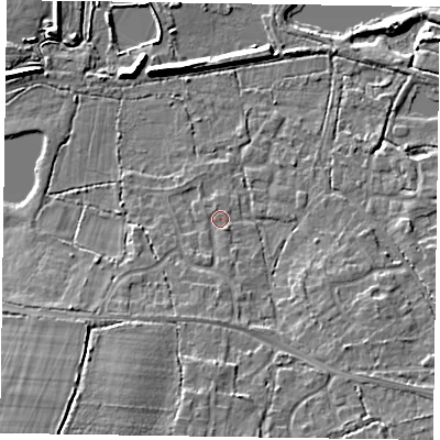 Shaded relief map of the ground around GU467RS, computed from Environment Agency LiDAR. The ground here sits at about 57 m above sea level and falls 13 m across the surrounding 800 m. Surface water reaching this point runs off ground lying to the south-south-east, 1.9 m higher.
