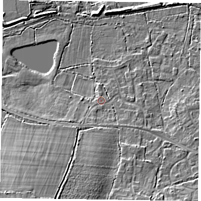 Shaded relief map of the ground around GU467RT, computed from Environment Agency LiDAR. The ground here sits at about 58 m above sea level and falls 14 m across the surrounding 800 m. Surface water reaching this point runs off ground lying to the south-south-west, 10.2 m higher.