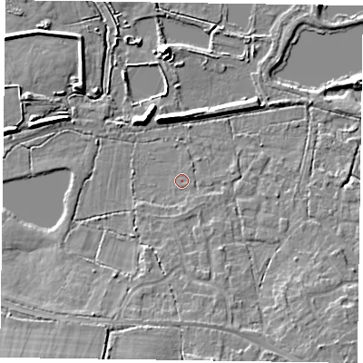 Shaded relief map of the ground around GU467RU, computed from Environment Agency LiDAR. The ground here sits at about 55 m above sea level and falls 11 m across the surrounding 800 m. Surface water reaching this point runs off ground lying to the south-south-east, 1.4 m higher.