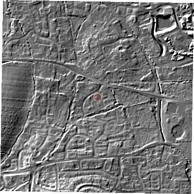 Shaded relief map of the ground around GU467RW, computed from Environment Agency LiDAR. The ground here sits at about 61 m above sea level and falls 18 m across the surrounding 800 m. Surface water reaching this point runs off ground lying to the south-west, 8.0 m higher.