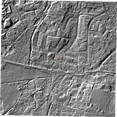 Shaded relief map of the ground around GU467SB, computed from Environment Agency LiDAR. The ground here sits at about 60 m above sea level and falls 13 m across the surrounding 800 m. Surface water reaching this point runs off ground lying to the south-west, 6.8 m higher.