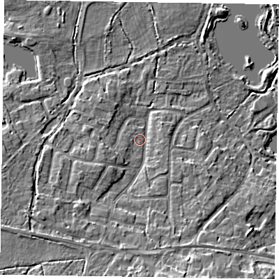 Shaded relief map of the ground around GU467SD, computed from Environment Agency LiDAR. The ground here sits at about 58 m above sea level and falls 10 m across the surrounding 800 m. Surface water reaching this point runs off ground lying to the south-west, 6.8 m higher.