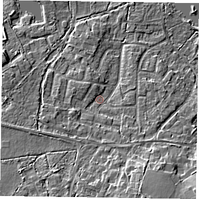Shaded relief map of the ground around GU467SE, computed from Environment Agency LiDAR. The ground here sits at about 59 m above sea level and falls 13 m across the surrounding 800 m. Surface water reaching this point runs off ground lying to the south-west, 7.1 m higher.