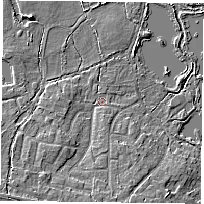 Shaded relief map of the ground around GU467SF, computed from Environment Agency LiDAR. The ground here sits at about 57 m above sea level and falls 9 m across the surrounding 800 m. Surface water reaching this point runs off ground lying to the south-west, 5.6 m higher.