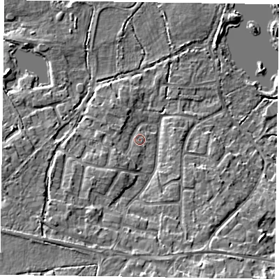 Shaded relief map of the ground around GU467SG, computed from Environment Agency LiDAR. The ground here sits at about 58 m above sea level and falls 9 m across the surrounding 800 m. Surface water reaching this point runs off ground lying to the south-west, 2.4 m higher.