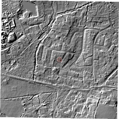 Shaded relief map of the ground around GU467SH, computed from Environment Agency LiDAR. The ground here sits at about 60 m above sea level and falls 12 m across the surrounding 800 m. Surface water reaching this point runs off ground lying to the south-west, 6.4 m higher.