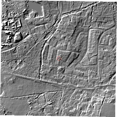 Shaded relief map of the ground around GU467SJ, computed from Environment Agency LiDAR. The ground here sits at about 60 m above sea level and falls 12 m across the surrounding 800 m. Surface water reaching this point runs off ground lying to the south-south-west, 2.4 m higher.