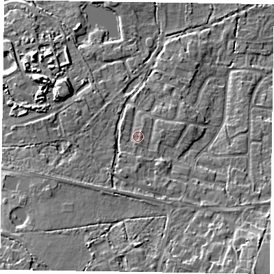 Shaded relief map of the ground around GU467SL, computed from Environment Agency LiDAR. The ground here sits at about 60 m above sea level and falls 12 m across the surrounding 800 m. Surface water reaching this point runs off ground lying to the south-west, 1.6 m higher.
