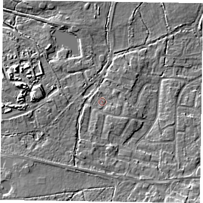 Shaded relief map of the ground around GU467SN, computed from Environment Agency LiDAR. The ground here sits at about 59 m above sea level and falls 10 m across the surrounding 800 m. Surface water reaching this point runs off ground lying to the south-south-west, 3.7 m higher.