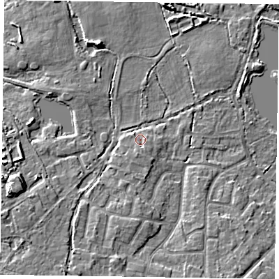 Shaded relief map of the ground around GU467SR, computed from Environment Agency LiDAR. The ground here sits at about 57 m above sea level and falls 10 m across the surrounding 800 m. Surface water reaching this point runs off ground lying to the south-south-west, 1.9 m higher.