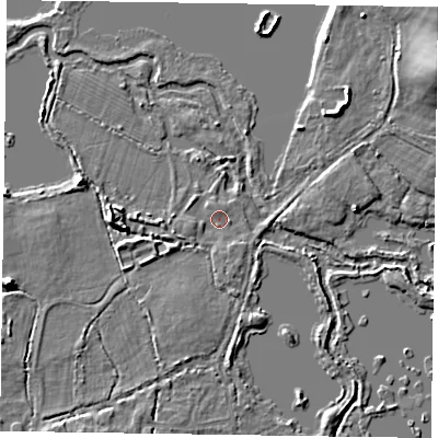 Shaded relief map of the ground around GU467SS, computed from Environment Agency LiDAR. The ground here sits at about 54 m above sea level and falls 10 m across the surrounding 800 m. Surface water reaching this point runs off ground lying to the west-south-west, 2.0 m higher.