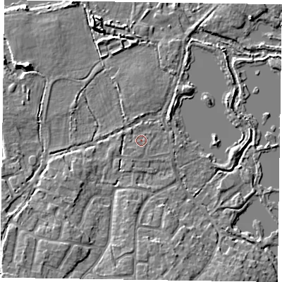 Shaded relief map of the ground around GU467ST, computed from Environment Agency LiDAR. The ground here sits at about 56 m above sea level and falls 8 m across the surrounding 800 m. Surface water reaching this point runs off ground lying to the west-south-west, 3.3 m higher.