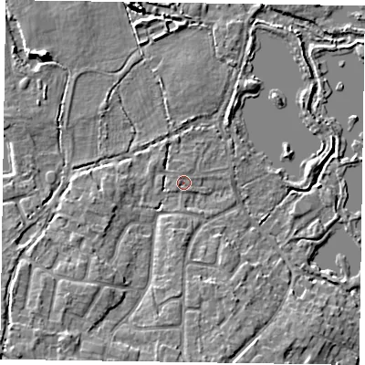 Shaded relief map of the ground around GU467SU, computed from Environment Agency LiDAR. The ground here sits at about 56 m above sea level and falls 8 m across the surrounding 800 m. Surface water reaching this point runs off ground lying to the south-west, 5.3 m higher.
