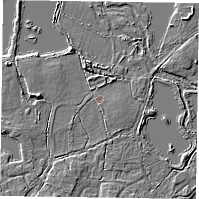 Shaded relief map of the ground around GU467SZ, computed from Environment Agency LiDAR. The ground here sits at about 55 m above sea level and falls 6 m across the surrounding 800 m. Surface water reaching this point runs off ground lying to the south-south-east, 0.9 m higher.