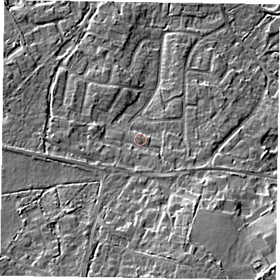 Shaded relief map of the ground around GU467TA, computed from Environment Agency LiDAR. The ground here sits at about 61 m above sea level and falls 14 m across the surrounding 800 m. Surface water reaching this point runs off ground lying to the south-south-east, 2.5 m higher.