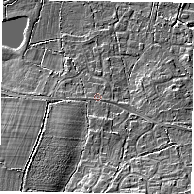 Shaded relief map of the ground around GU467TD, computed from Environment Agency LiDAR. The ground here sits at about 59 m above sea level and falls 13 m across the surrounding 800 m. Surface water reaching this point runs off ground lying to the south-west, 8.9 m higher.