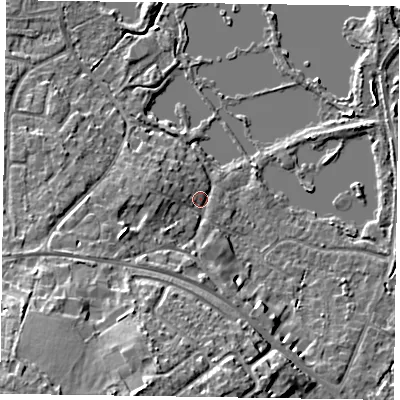 Shaded relief map of the ground around GU467TJ, computed from Environment Agency LiDAR. The ground here sits at about 56 m above sea level and falls 14 m across the surrounding 800 m. Surface water reaching this point runs off ground lying to the south-south-west, 12.2 m higher.