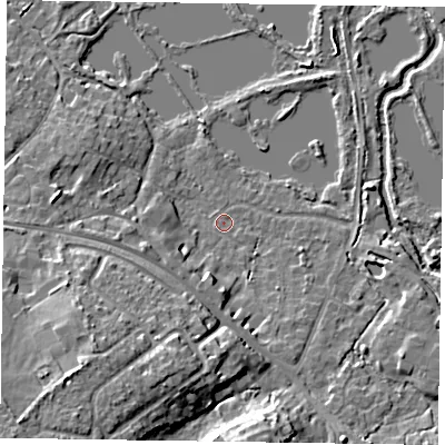 Shaded relief map of the ground around GU467TL, computed from Environment Agency LiDAR. The ground here sits at about 56 m above sea level and falls 14 m across the surrounding 800 m. Surface water reaching this point runs off ground lying to the south-south-west, 4.0 m higher.