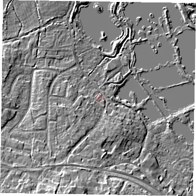 Shaded relief map of the ground around GU467TN, computed from Environment Agency LiDAR. The ground here sits at about 56 m above sea level and falls 12 m across the surrounding 800 m. Surface water reaching this point runs off ground lying to the south, 6.3 m higher.