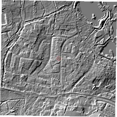 Shaded relief map of the ground around GU467TS, computed from Environment Agency LiDAR. The ground here sits at about 59 m above sea level and falls 12 m across the surrounding 800 m. Surface water reaching this point runs off ground lying to the south, 7.0 m higher.