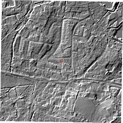 Shaded relief map of the ground around GU467TX, computed from Environment Agency LiDAR. The ground here sits at about 60 m above sea level and falls 14 m across the surrounding 800 m. Surface water reaching this point runs off ground lying to the south, 2.5 m higher.
