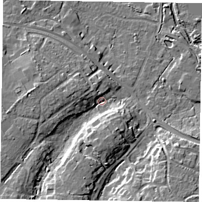 Shaded relief map of the ground around GU467UD, computed from Environment Agency LiDAR. The ground here sits at about 60 m above sea level and falls 16 m across the surrounding 800 m. Surface water reaching this point runs off ground lying to the south-west, 11.7 m higher.