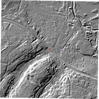 Shaded relief map of the ground around GU467UG, computed from Environment Agency LiDAR. The ground here sits at about 58 m above sea level and falls 14 m across the surrounding 800 m. Surface water reaching this point runs off ground lying to the south-south-west, 10.9 m higher.