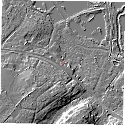 Shaded relief map of the ground around GU467UH, computed from Environment Agency LiDAR. The ground here sits at about 58 m above sea level and falls 14 m across the surrounding 800 m. Surface water reaching this point runs off ground lying to the west, 3.0 m higher.