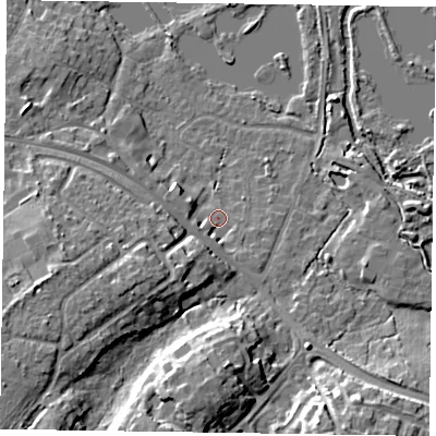 Shaded relief map of the ground around GU467UN, computed from Environment Agency LiDAR. The ground here sits at about 57 m above sea level and falls 14 m across the surrounding 800 m. Surface water reaching this point runs off ground lying to the west-south-west, 2.3 m higher.
