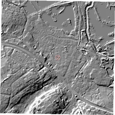 Shaded relief map of the ground around GU467UR, computed from Environment Agency LiDAR. The ground here sits at about 56 m above sea level and falls 14 m across the surrounding 800 m. Surface water reaching this point runs off ground lying to the south-south-west, 2.3 m higher.