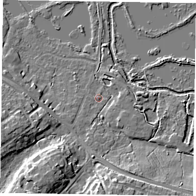 Shaded relief map of the ground around GU467UT, computed from Environment Agency LiDAR. The ground here sits at about 57 m above sea level and falls 14 m across the surrounding 800 m. Surface water reaching this point runs off ground lying to the south-west, 1.8 m higher.