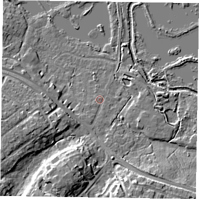 Shaded relief map of the ground around GU467UU, computed from Environment Agency LiDAR. The ground here sits at about 57 m above sea level and falls 14 m across the surrounding 800 m. Surface water reaching this point runs off ground lying to the south-south-west, 11.5 m higher.