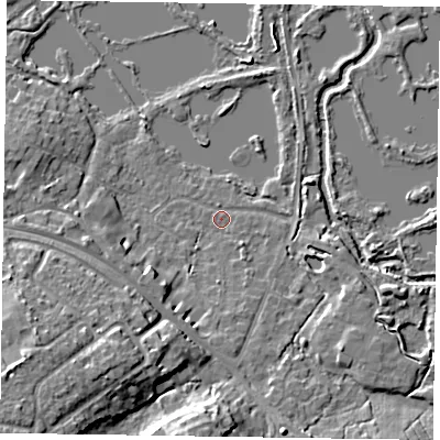 Shaded relief map of the ground around GU467UX, computed from Environment Agency LiDAR. The ground here sits at about 56 m above sea level and falls 13 m across the surrounding 800 m. Surface water reaching this point runs off ground lying to the south-west, 12.2 m higher.