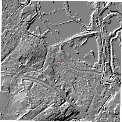 Shaded relief map of the ground around GU467UY, computed from Environment Agency LiDAR. The ground here sits at about 55 m above sea level and falls 14 m across the surrounding 800 m. Surface water reaching this point runs off ground lying to the south-west, 5.1 m higher.