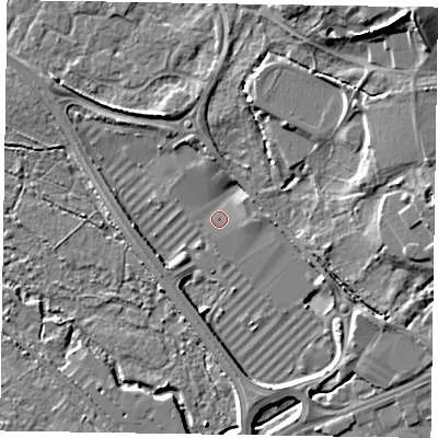 Shaded relief map of the ground around GU470FD, computed from Environment Agency LiDAR. The ground here sits at about 58 m above sea level and falls 16 m across the surrounding 800 m. Surface water reaching this point runs off ground lying to the north-east, 16.0 m higher.