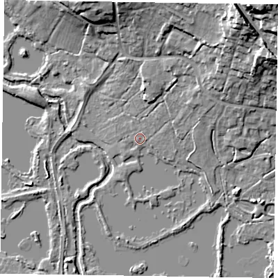 Shaded relief map of the ground around GU478JQ, computed from Environment Agency LiDAR. The ground here sits at about 56 m above sea level and falls 24 m across the surrounding 800 m. Surface water reaching this point runs off ground lying to the north-east, 4.9 m higher.