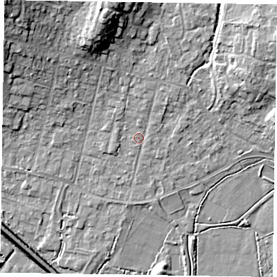 Shaded relief map of the ground around GU479AA, computed from Environment Agency LiDAR. The ground here sits at about 60 m above sea level and falls 17 m across the surrounding 800 m. Surface water reaching this point runs off ground lying to the north-north-east, 2.4 m higher.