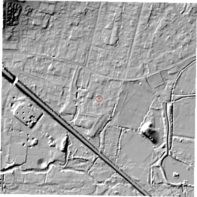 Shaded relief map of the ground around GU479AD, computed from Environment Agency LiDAR. The ground here sits at about 58 m above sea level and falls 17 m across the surrounding 800 m. Surface water reaching this point runs off ground lying to the east-north-east, 1.4 m higher.