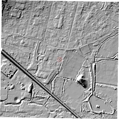 Shaded relief map of the ground around GU479AE, computed from Environment Agency LiDAR. The ground here sits at about 58 m above sea level and falls 13 m across the surrounding 800 m. Surface water reaching this point runs off ground lying to the north-east, 0.7 m higher.