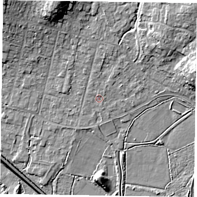 Shaded relief map of the ground around GU479AF, computed from Environment Agency LiDAR. The ground here sits at about 60 m above sea level and falls 15 m across the surrounding 800 m. Surface water reaching this point runs off ground lying to the north-east, 9.4 m higher.