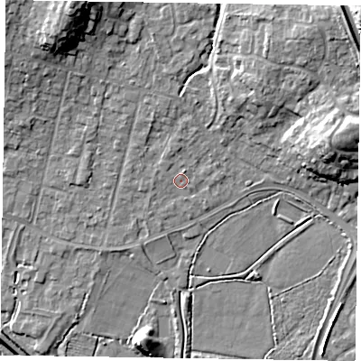 Shaded relief map of the ground around GU479AG, computed from Environment Agency LiDAR. The ground here sits at about 60 m above sea level and falls 18 m across the surrounding 800 m. Surface water reaching this point runs off ground lying to the north, 1.4 m higher.