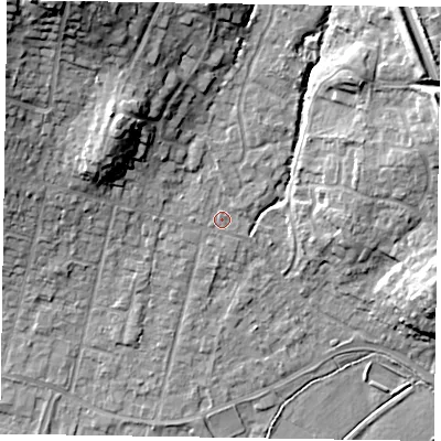 Shaded relief map of the ground around GU479AN, computed from Environment Agency LiDAR. The ground here sits at about 62 m above sea level and falls 22 m across the surrounding 800 m. Surface water reaching this point runs off ground lying to the north, 9.7 m higher.
